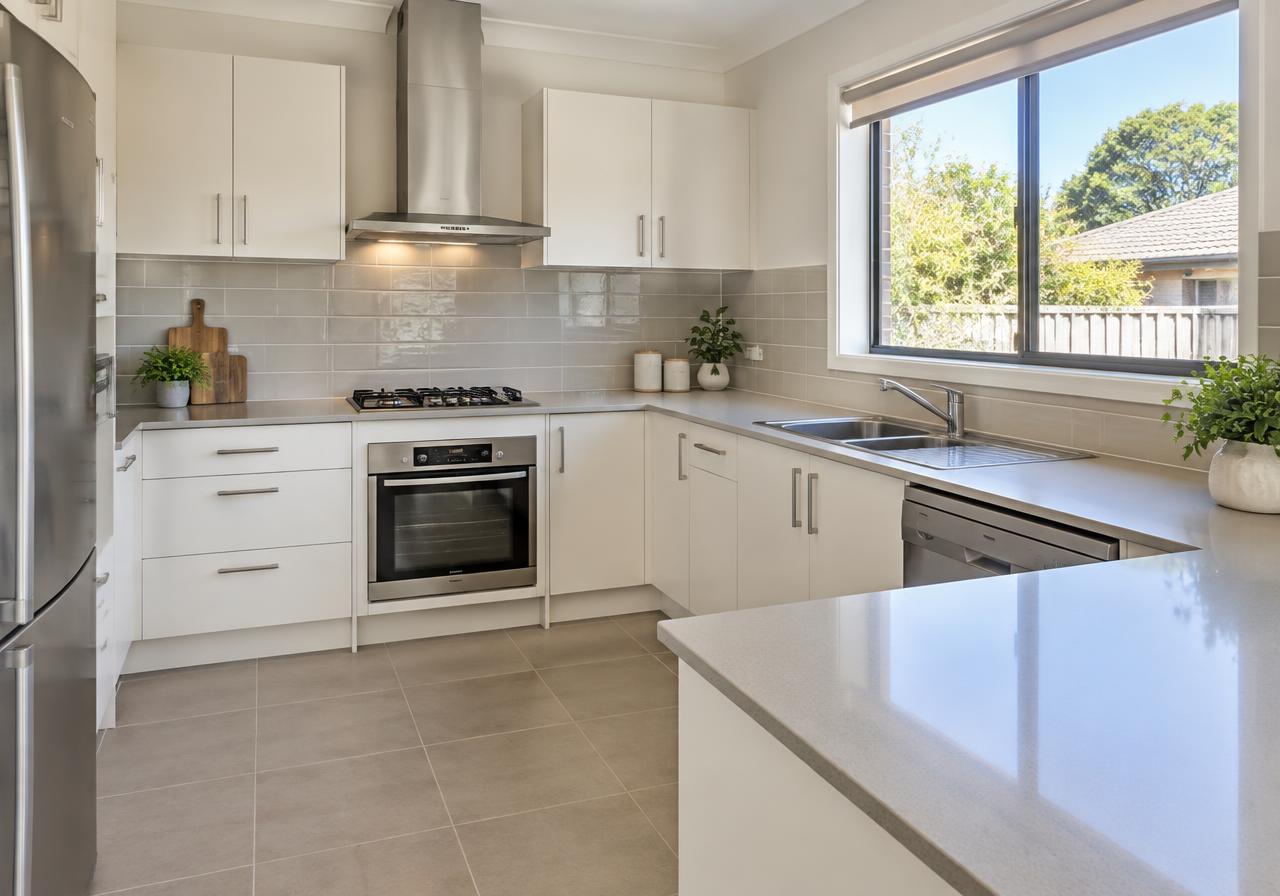 Clean kitchen benchtops and oven in a tidy rental home